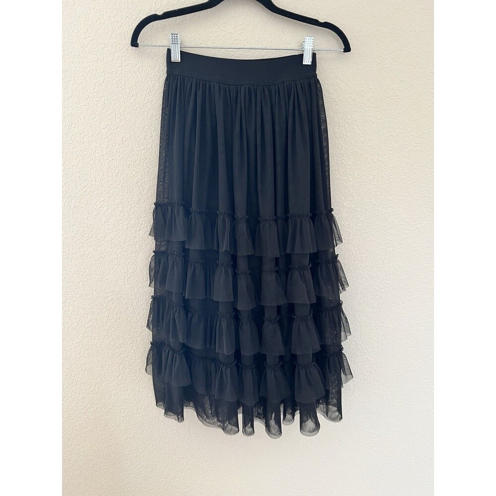 Kikiriki Midi Skirt Womens Size Small Black Casual Pull On Outdoor Ruffle Mesh